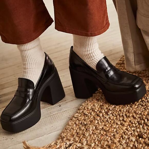 Free People Zoe Black Leather Chunky Platform Loafers - Picture 1 of 8